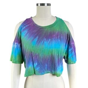 Tie-Dye Cold Shoulder Crop Top - Green/Purple/Blue